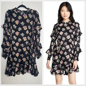 Needle & Thread Black Floral Ruffle Long Sleeve Mini Dress Size 10 Dark Romantic